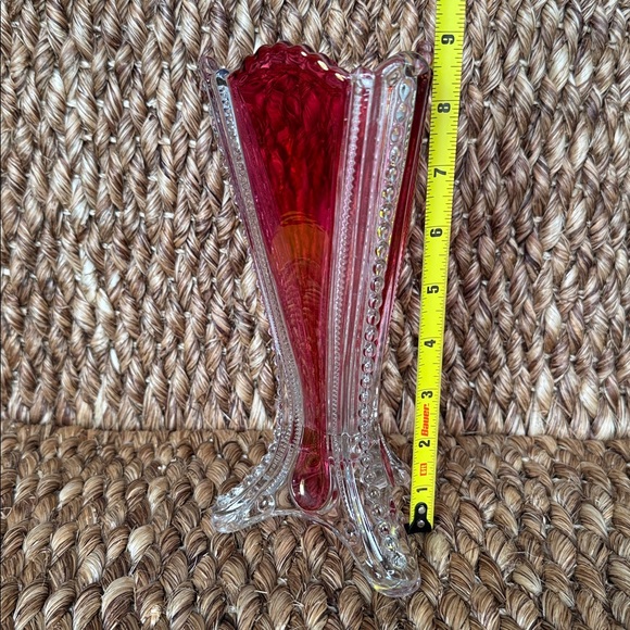 Vintage Cranberry Flash Triangle Footed Button Zipper Glass Vase 8.75” - Picture 3 of 17